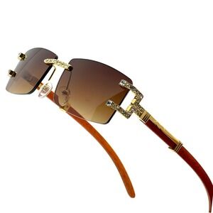 Square Sunglasses Rimless Brown Lens Wood Grain Legs Fashion Men‎ Hip Hop Retro